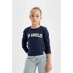 Defacto C7466 Lacivert Kız Çocuk Bisiklet Yaka Yazı Baskılı Fitilli Kaşkorse Uzun Kollu Okul Tişörtü