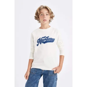 Defacto C9562 Ekru Erkek Çocuk Bisiklet Yaka Yazı Baskılı Uzun Kollu Tişört