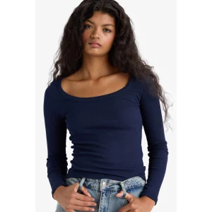 Defacto E5768AXNV251 Lacivert Slim Fit Dar Kesim Yuvarlak Yaka Basic Düz Fitilli Kaşkorse Uzun Kollu Tişört