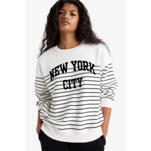 Defacto F7884AXER105 Ekru Relax Fit Bisiklet Yaka Çizgili Baskılı Sweatshirt