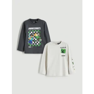 LCW Kids Gri Bisiklet Yaka Minecraft Baskılı Erkek Çocuk Tişört 2li