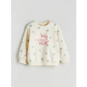 LCW Kids Ekru Bisiklet Yaka Kalp Baskılı Kız Çocuk Sweatshirt