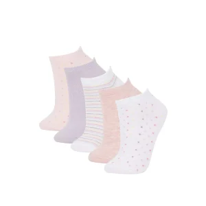 Defacto W8944 Çok Renkli Kadın 5li Pamuklu Puantiyeli Çizgili Patik Çorap