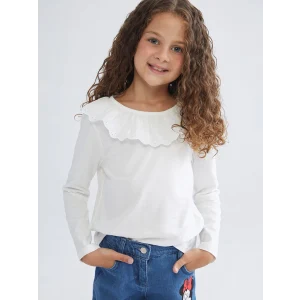 LCW Kids Ekru Yaka Detaylı Penye Kız Çocuk Tişört