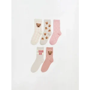LCW Kids Ekru Ayı Teddy Desenli Kız Çocuk Soket Çorap 5li