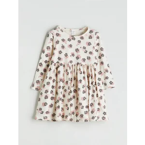 LCW Kids Ekru Çiçekli Penye Kız Çocuk Elbise