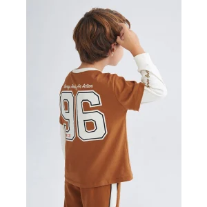 LCW Kids Kahverengi Bisiklet Yaka Baskılı Uzun Kollu Erkek Çocuk Tişört