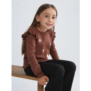 LCW Kids Kahverengi Bisiklet Yaka Çiçek Nakışlı Kız Çocuk Tişört