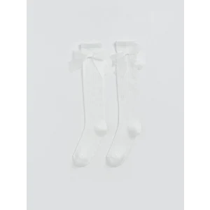 LCW Kids Ekru Fiyonk Detaylı Kız Çocuk Diz Altı Çorap 2li