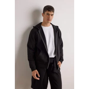Defacto D7599AXBK81 Siyah Comfort Fit Kapüşonlu İçi Yumuşak Tüylü Basic Düz Cepli Kalın Fermuarlı Sweatshirt