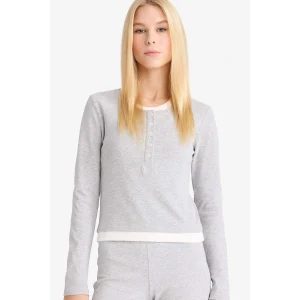 Defacto F9352AXGR256 Gri Coool Halter Yaka Ribana Uzun Kollu Tişört