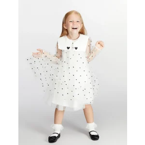 LCW Kids Ekru Tüllü Kalp Baskılı Kız Çocuk Elbise
