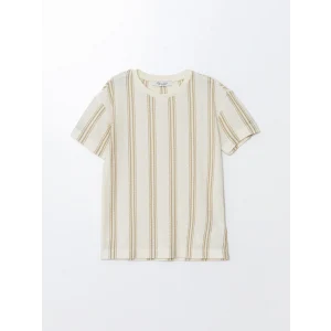 LCW Vision Bej Bisiklet Yaka Çizgili Kısa Kollu Erkek Çocuk Tişört