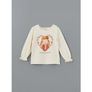 LCW Kids Ekru Bisiklet Yaka Baskılı Kız Çocuk Tişört