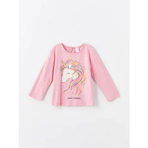 LCW Kids Pembe Bisiklet Yaka Uzun Kollu Baskılı Kız Çocuk Tişört