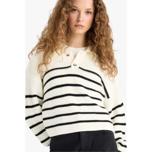 Defacto C4918AXER103 Ekru Coool Relax Fit Polo Yaka Düğmeli Çizgili Triko Kazak