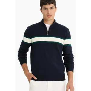 Defacto Y4193AZNV163 Lacivert Standart Fit Dik Yaka Fermuarlı Renk Bloklu Triko Kazak