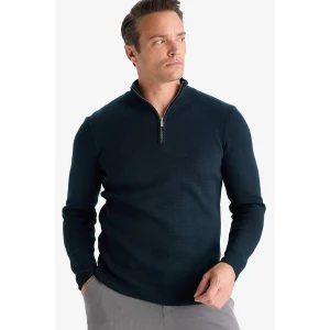 Defacto A5184AXGN852 Yeşil Standart Fit Normal Kesim Dik Yaka Yarım Fermuarlı Basic Düz Triko Kazak