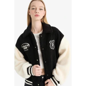 Defacto E9837AXBK81 Siyah Coool Oversize Geniş Kalıp Polo Yaka Pelüş Bomber Ceket