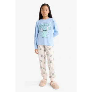 Defacto F7357A8BE768 Mavi Kız Çocuk Disney Lilo & Stitch Pijama Takımı Uzun Kollu Üst Uzun Alt