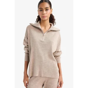 Defacto F2907AXBG369 Bej Regular Fit Yarım Fermuarlı Triko Kazak