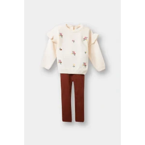 Defacto F2661A5ER134 Ekru Kız Bebek 2li Takım Çiçekli Desenli Sweatshirt Tayt