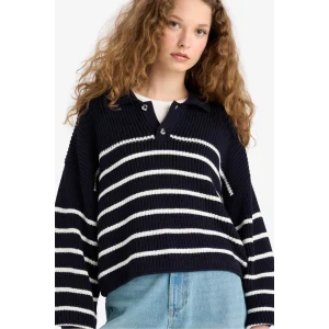 Defacto C4918AXNV31 Lacivert Coool Relax Fit Polo Yaka Düğmeli Çizgili Triko Kazak