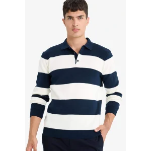 Defacto Y4194AZNV64 Lacivert Standart Fit Polo Yaka Düğmeli Renk Bloklu Triko Kazak