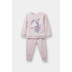 Defacto F0541A5PN38 Pembe Kız Bebek 2li Takım Unicorn Baskılı İçi Yumuşak Tüylü Sweatshirt Eşofman Altı