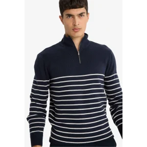 Defacto F1522 Lacivert Standart Fit Yarım Fermuarlı Çizgili Triko Kazak