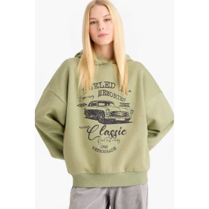 Defacto F9432AXKH461 Haki Overshirt Fit Kapüşonlu Baskılı Sweatshirt