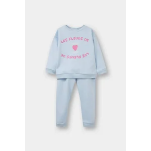 Defacto F0548A5BE343 Mavi Kız Bebek 2li Takım Baskılı İçi Yumuşak Tüylü Sweatshirt Eşofman Altı