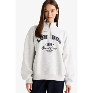 Defacto F9433AXGR210 Gri Overshirt Fit Yarım Fermuarlı Baskılı Kalın Kumaş Sweatshirt