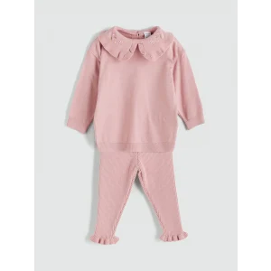LC WAIKIKI Pembe Bebe Yaka Kız Bebek Triko Sweatshirt ve Tayt 2li