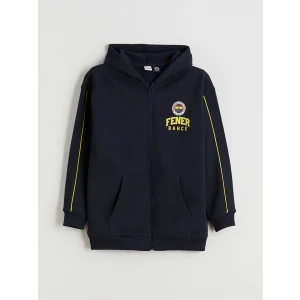 LCW Kids Lacivert Kapüşonlu Baskılı Erkek Çocuk Fermuarlı Sweatshirt