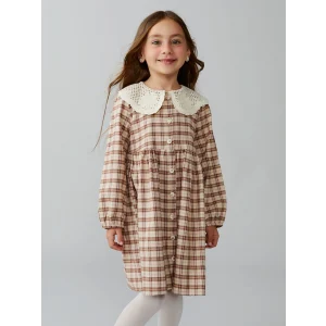 LCW Kids Bej Bebe Yaka Ekose Desen Flanel Kız Çocuk Elbise