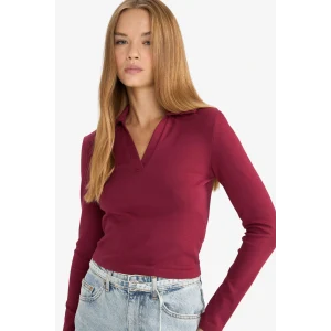 Defacto E7938AXBR204 Bordo Fitted Polo Yaka Basic Düz Modal Uzun Kollu Tişört