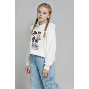 Defacto F3433A8ER105 Ekru Kız Çocuk Disney Mickey & Minnie Oversize Geniş Kalıp Kapüşonlu Sweatshirt