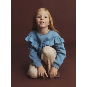 LCW Kids Mavi Bisiklet Yaka Fırfırlı Kız Çocuk Sweatshirt