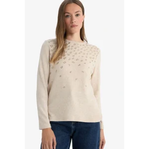 Defacto E9895AXBG322 Bej Regular Fit Bisiklet Yaka Taş Detaylı Uzun Kollu Tişört