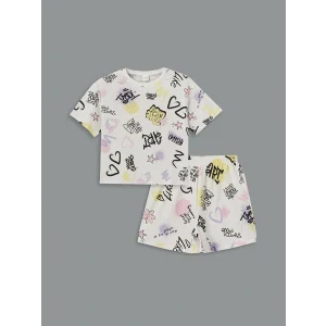 LCW Kids Ekru Bisiklet Yaka Kız Çocuk Şortlu Pijama Takımı