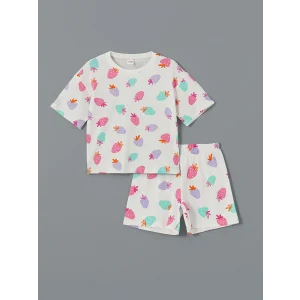 LCW Kids Ekru Bisiklet Yaka Kız Çocuk Şortlu Pijama Takımı