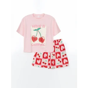 LCW Kids Pembe Bisiklet Yaka Kız Çocuk Şortlu Pijama Takımı