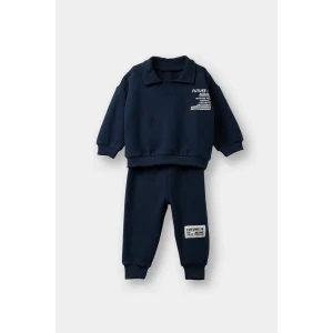 Defacto F9437A5NV71 Lacivert Erkek Bebek 2li Takım Baskılı Selanik Kumaş Sweatshirt Eşofman Altı