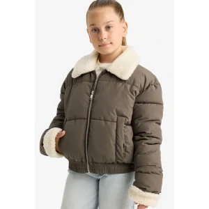 Defacto F0050A8KH153 Haki Kız Çocuk Pelüş Yakalı Fermuarlı Mont