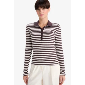 Defacto F7808AXBR232 Bordo Slim Fit Dar Kesim Polo Yaka Çizgili Fitilli Kaşkorse Uzun Kollu Tişört