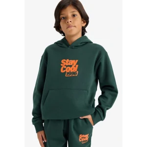 Defacto E9596A8GN245 Yeşil Erkek Çocuk Kapüşonlu Baskılı İçi Yumuşak Tüylü Sweatshirt