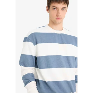 Defacto A9066AXGR171 Gri Boxy Fit Bisiklet Yaka Çizgili Sweatshirt