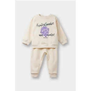 Defacto F0559A5ER42 Ekru Kız Bebek 2li Takım İçi Yumuşak Tüylü Baskılı Sweatshirt Eşofman Altı