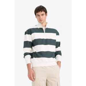 Defacto C7045AXGN498 Yeşil Boxy Fit Dik Yaka Yarım Fermuarlı Çizgili Sweatshirt